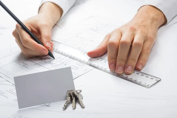 Architect working on blueprint. Architects workplace - architectural project, blueprints, ruler, calculator. Construction REAL ESTATE concept. Engineering tools. Top view. — Stock Photo, Image