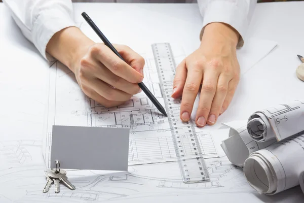 Architect working on blueprint. Architects workplace - architectural project, blueprints, ruler, calculator. Construction REAL ESTATE concept. Engineering tools. Top view. — Stockfoto