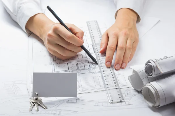 Architect working on blueprint. Architects workplace - architectural project, blueprints, ruler, calculator. Construction REAL ESTATE concept. Engineering tools. Top view. — Stock Photo, Image