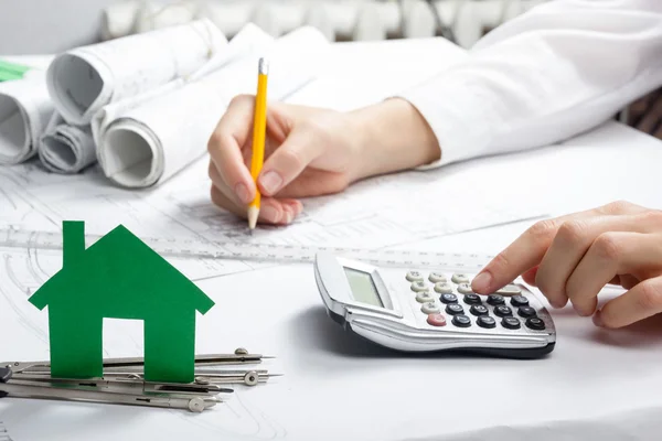 Architect working on blueprint. Architects workplace - architectural project, blueprints, ruler, calculator. Construction REAL ESTATE concept. Engineering tools. Top view. — Stockfoto