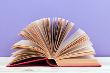 Open book, diary with fanned pages on blue purple background.