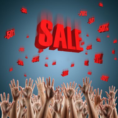 Red sale sign over blue gradient background falling prices on people's hands lifted up in the air. 3d red text SALE. Festive backdrop poster on Black Friday theme with copy space and clipping pass.
