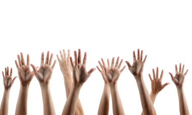 People's hands up isolated on white background. Many people's hands up isolated on white background. Various hands lifted up in the air. Clipping path. Copy space.arious han