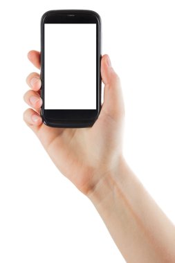 insan eli boş mobil akıllı telefon izole kırpma yoluyla ekran için beyaz arka plan üzerinde tutarak