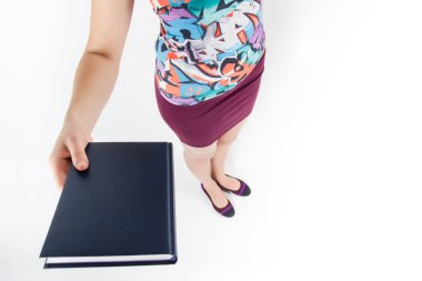 Kitap günlüğü metin veya tasarım için kopya alanı ile tutan gösteren kadın. Beyaz arka plan üzerinde yüksek açılı görünüş.