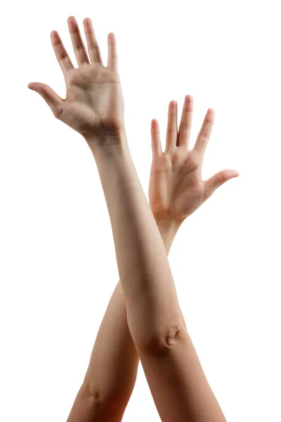 People's hands up isolated on white background. Many people's hands up isolated on white background. Various hands lifted up in the air. Clipping path. Copy space.arious han — Stock Fotó