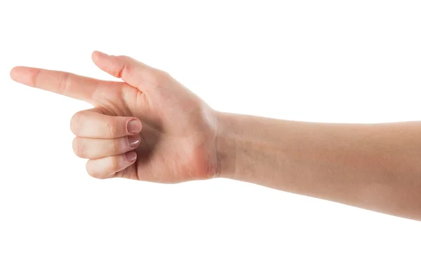 Weibliche Hand, die etwas Isoliertes auf Weiß berührt oder zeigt — Stockfoto