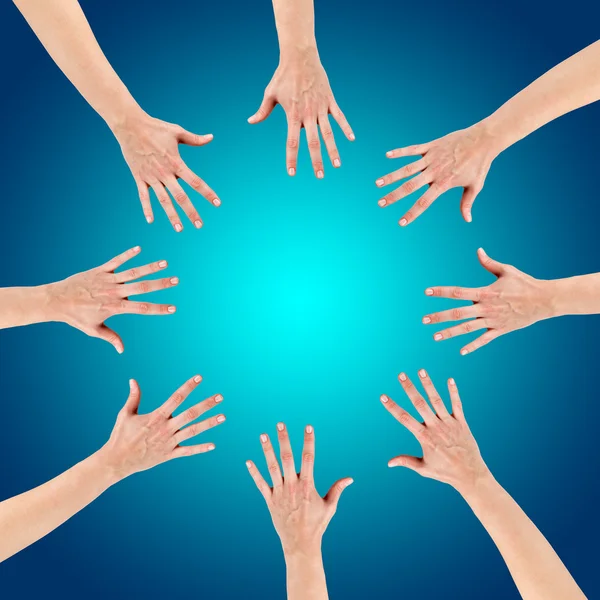 Group of eight hands at the circle together teamwork showing you — Stock Photo, Image