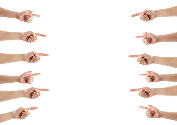 Female hand touching or pointing to something isolated on white — Stock Photo, Image
