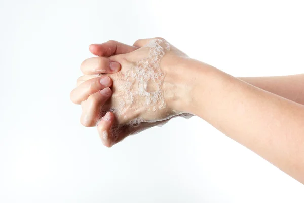 Жест женщины, моющей руки на белом фоне — стоковое фото