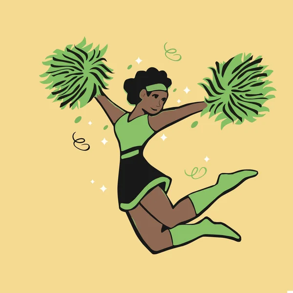 Nero Cheerleader Donna Con Pon Pon Bellissimo Personaggio Dei Cartoni — Vettoriale Stock