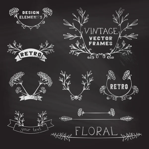 Set of chalk floral design elements. — Stock Vector