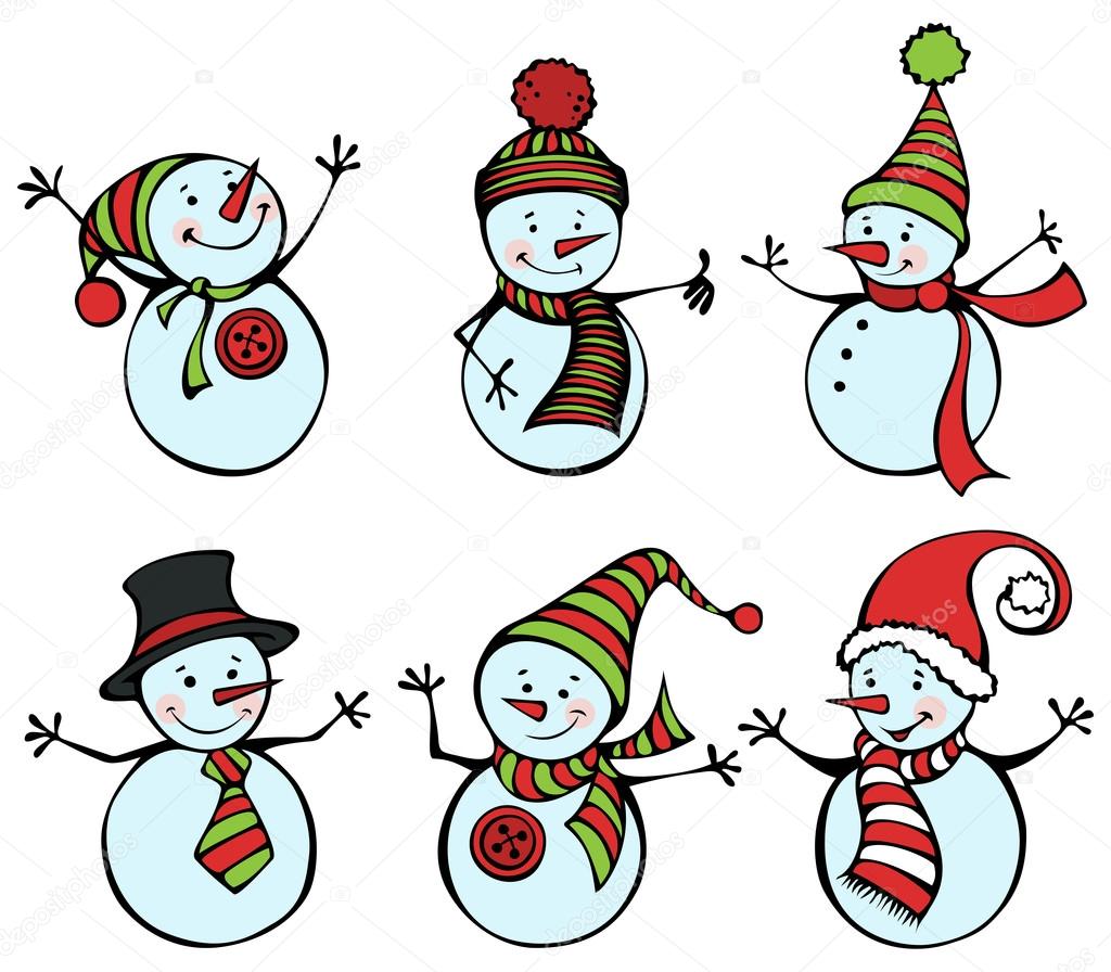 Six snowmen isolated on white background