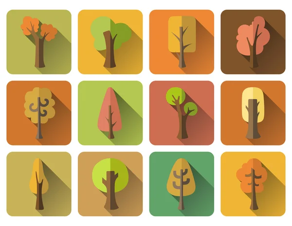 Conjunto de 12 iconos cuadrados de otoño con sombra plana larga . — Vector de stock