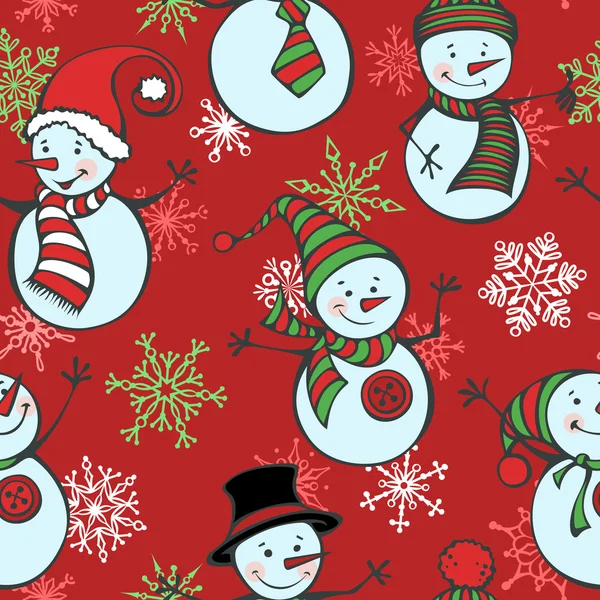 Naadloze Kerst patroon met sneeuwmannen en sneeuwvlokken — Stockvector