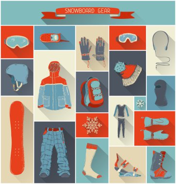 Snowboard dişli uzun gölge ile vektör kümesi.