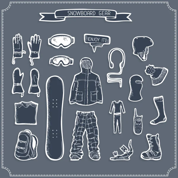 Aantal snowboard kleding en kit silhouetten. — Stockvector