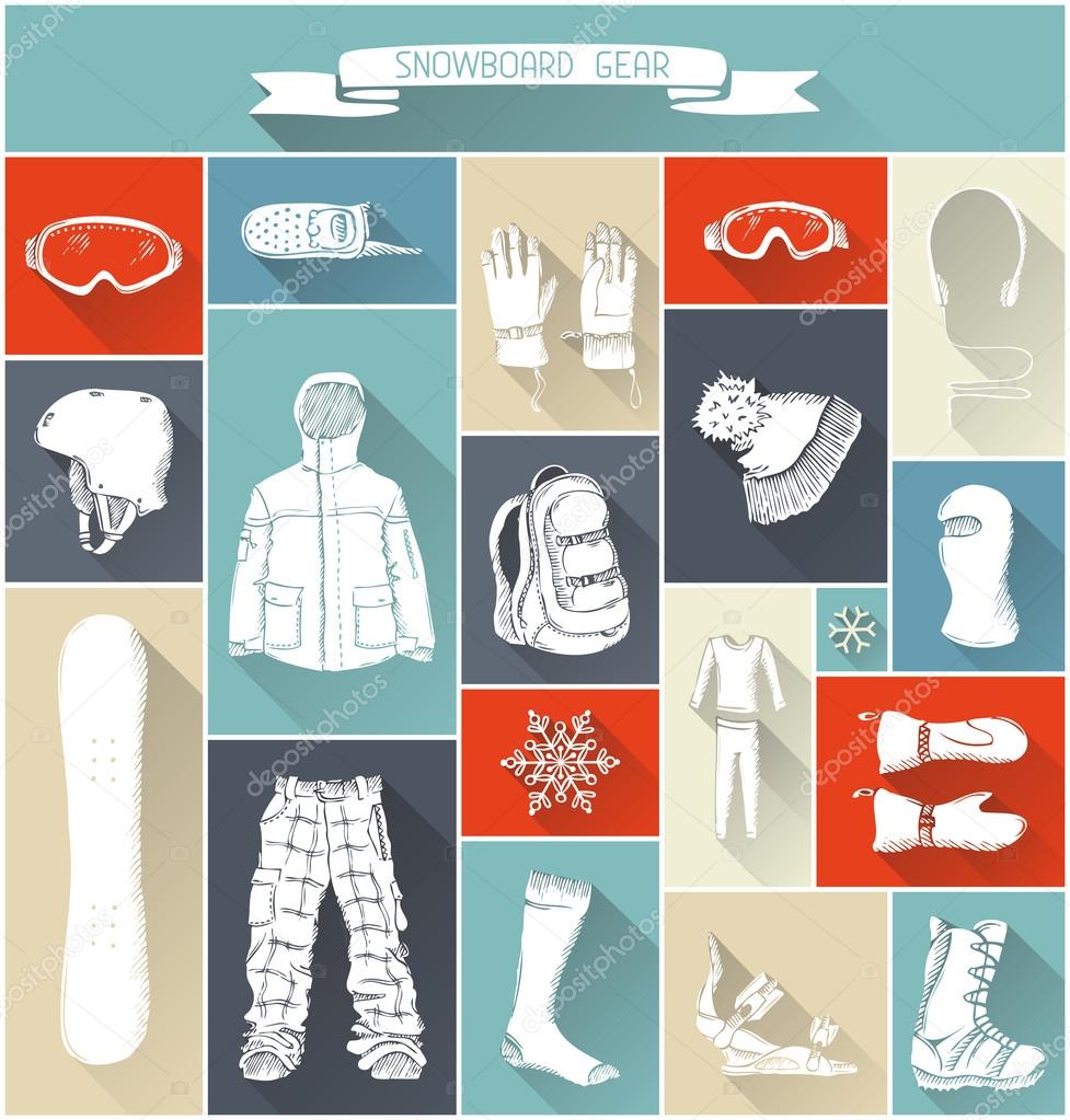 Vector set of snowboard gear silhouettes. 