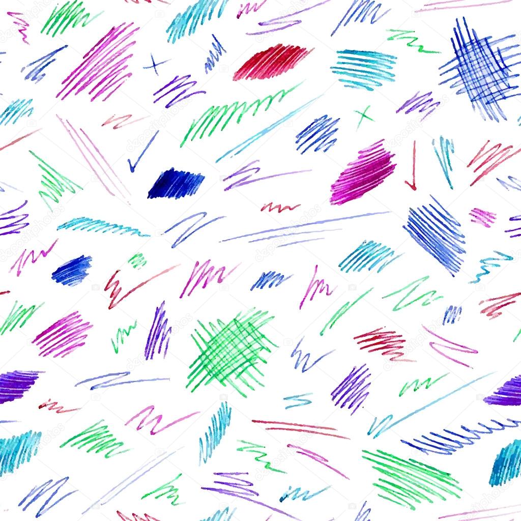 Seamless pattern of colourful pen strokes and scribbles.