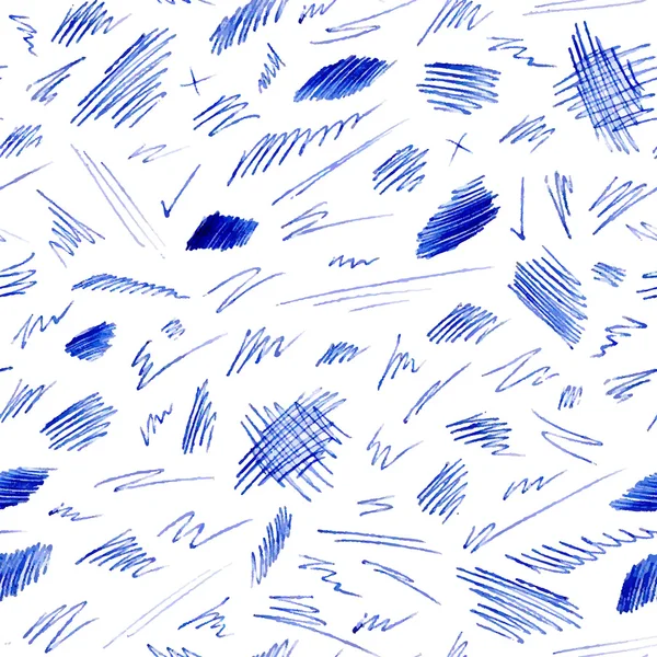 Modèle sans couture de traits de stylo bleu et gribouillis . — Image vectorielle