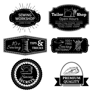 Dikiş doğrusal retro rozetleri, etiketleri, logo şablonlar ve çerçeveler vektör kümesi.