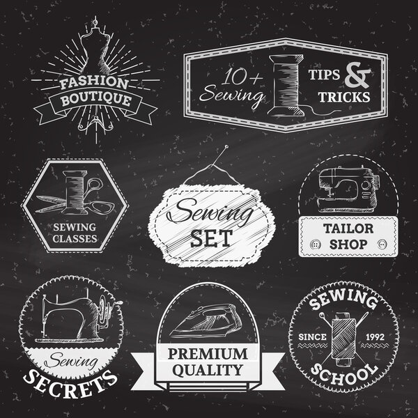 Vector set of linear chalk badges, labels, logo templates and frames.