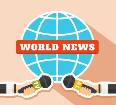 Dünya haber konsepti vektör illüstrasyonunu düz bir şekilde. Arka planda iki el mikrofon ve mavi küre sembolü tutuyor. Dünya haber şablonu. TV ve Basın illüstrasyonu