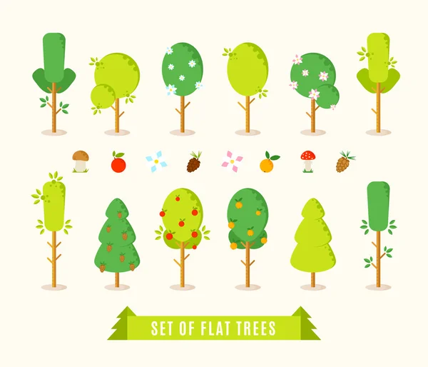 Set of flat different trees. Green trees vector illustration in trendy flat style. Including elements for your design: mushrooms, apple, orange, flowers, pinecone