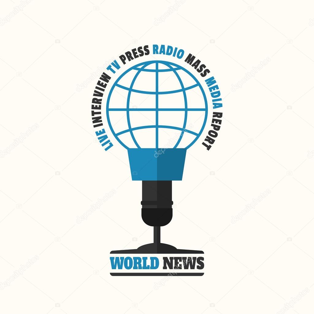 World news concept vector illustration in flat style. World news logo looks like a microphone with the blue globe symbol. Mass media icon.