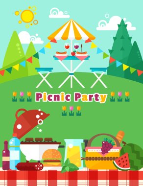 Düz trendy tarzı piknik parti manzara. Vektör piknik elemanları toplama: gıda, meyve, barbekü, hamburger ve diğerleri. Amerika'nın bağımsızlık günü. Tasarımınız için piknik davetiyesi şablonu.
