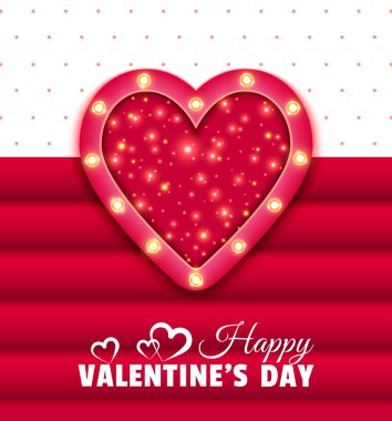 Kırmızı kalp ve parlayan ampuller ile Happy Valentines Day tebrik kartı. Işık efektleri ile Sevgililer günü vektör illüstrasyon. Tasarımınız için parlayan ampuller dekorasyon ile kırmızı kalp
