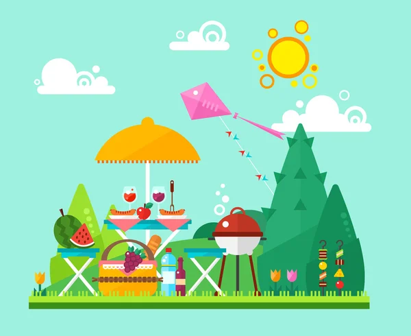 Flat summer picnic landscape: umbrella, basket with food, fruits, kite, watermelon, barbecue. Vector illustration in flat trendy style — Stockový vektor