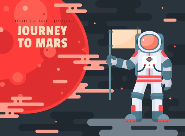 Mars colonization project poster with astronaut holding flag. Mars planet exploration concept vector illustration. Astronaut in space. First travel to Mars. Astronaut going to visit red planet. Modern flat style design