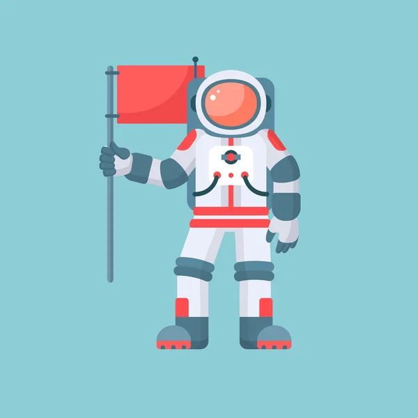 Astronaut holding red flag vector illustration. Single astronaut in spacesuit isolated on blue background. Modern flat style design — Stock Vector