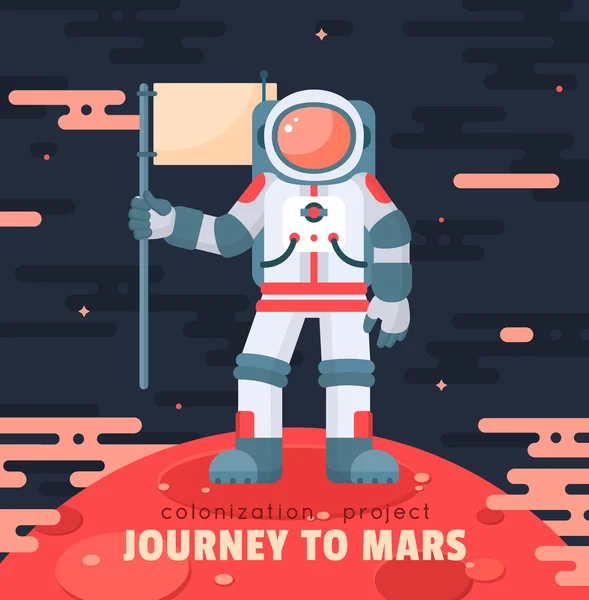 Mars colonization project poster with astronaut holding flag. Mars planet exploration concept vector illustration. Astronaut in space. First travel to Mars. Astronaut landed on red planet. Modern flat style design