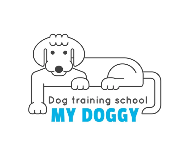 Logo sekolah pelatihan anjing templat dalam garis tipis gaya untuk bisnis Anda. Ikon vektor garis besar anjing. Simbol asli dan minimalistik untuk melatih anjing. Mudah digunakan dan disunting - Stok Vektor