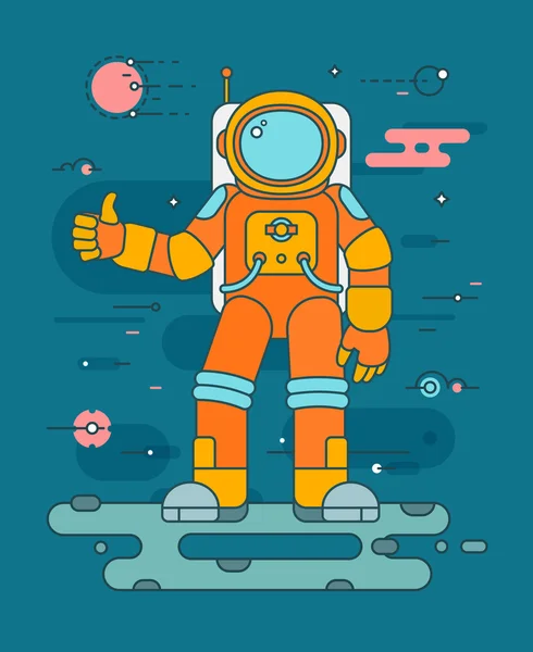 Astronaut landing on the planet - thin outline vector illustration in trendy style. Space exploration and colonization concept. Astronaut in space. Outline space series — Stok Vektör