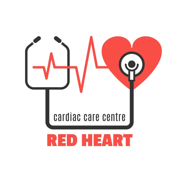 Logo médical unique avec cœur rouge et stéthoscope pour centre de soins cardiaques, clinique cardiaque. Illustration du concept de soins cardiaques — Image vectorielle