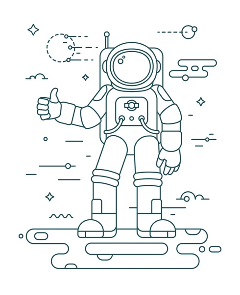 Astronaut landing on the planet - thin outline vector illustration in trendy style. Space exploration and colonization concept. Astronaut in space. Outline space series