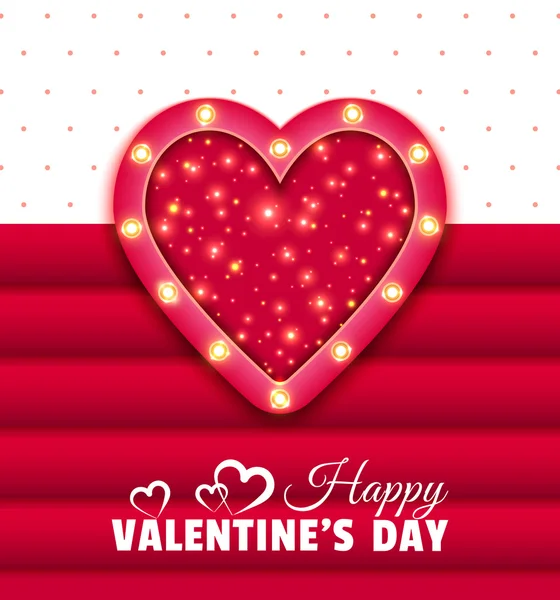Kırmızı kalp ve parlayan ampuller ile Happy Valentines Day tebrik kartı. Işık efektleri ile Sevgililer günü vektör illüstrasyon. Tasarımınız için parlayan ampuller dekorasyon ile kırmızı kalp