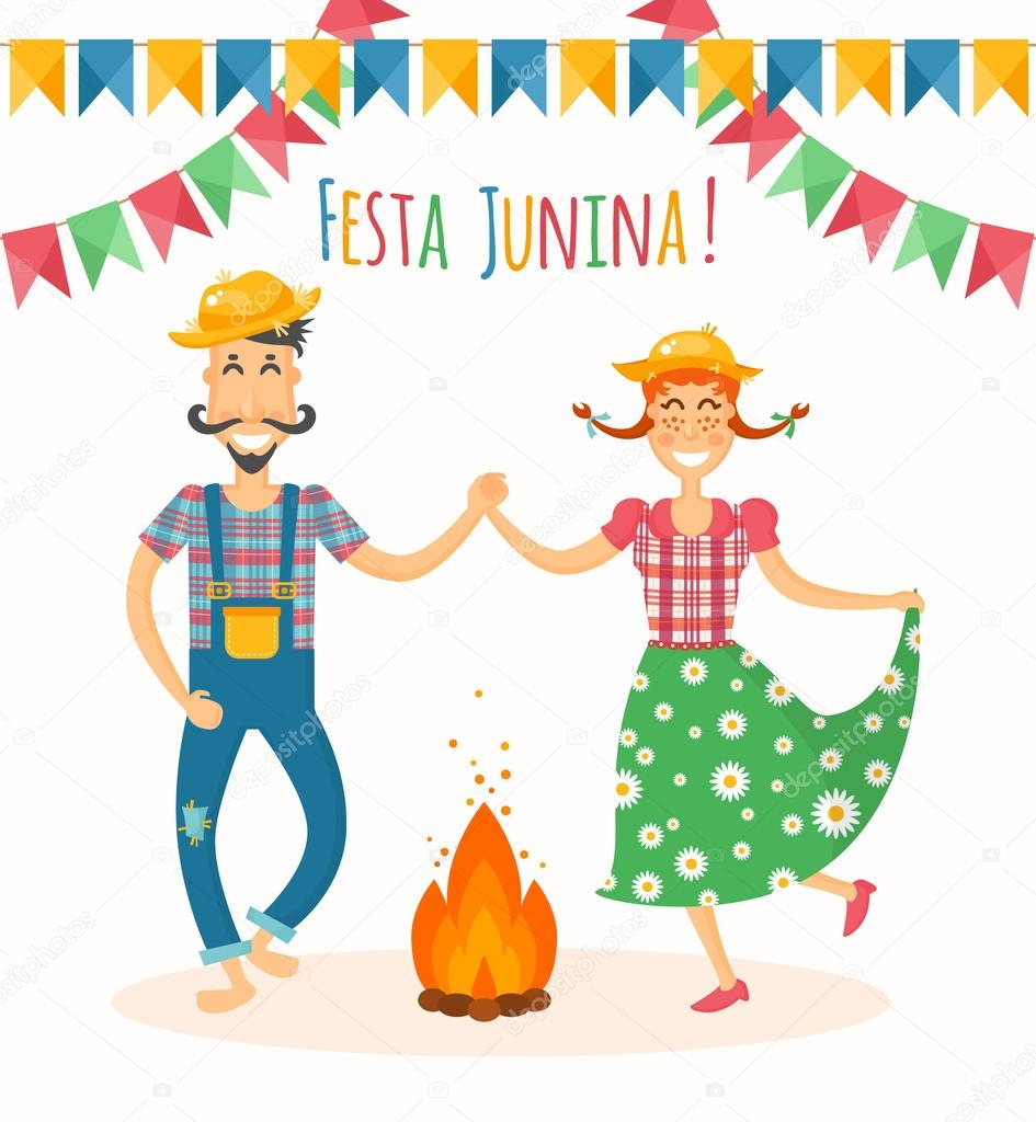 Festa Junina ilustração vetorial - tradicional celebração brasileira.  Feriado de junho latino-americano. Jovem e mulher na fazenda roupas  dançando ao redor do fogo . imagem vetorial de Moonray© 100700342