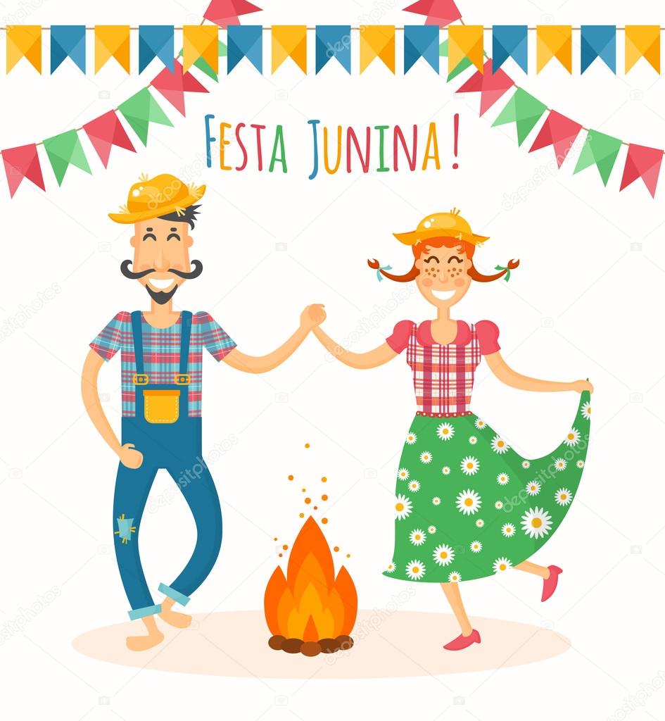 Festa Junina vector illustration - traditional Brazilian celebration. Latin American june holiday. Young man and woman in the farm clothes dancing around the fire.