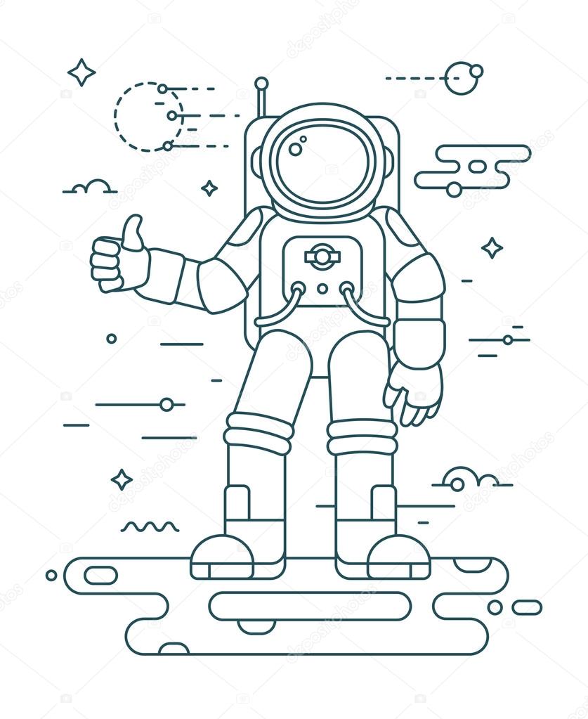 Astronaut landing on the planet - thin outline vector illustration in trendy style. Space exploration and colonization concept. Astronaut in space. Outline space series