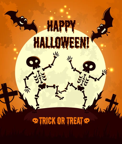 Halloween night background with full moon, cute dancing skeletons and bats. Halloween vector illustration for greeting card, poster, wallpaper or flyer design — Stock Vector