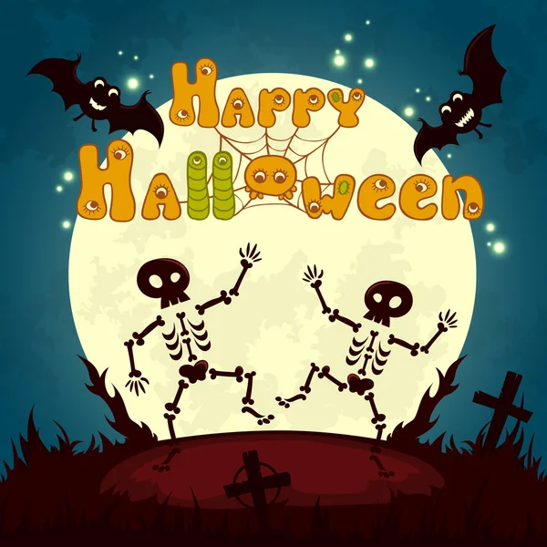 Halloween fundo noite com lua cheia, esqueletos de dança bonitos e morcegos. Ilustração vetorial de Halloween para cartão de saudação, cartaz, papel de parede ou design de panfleto — Vetor de Stock