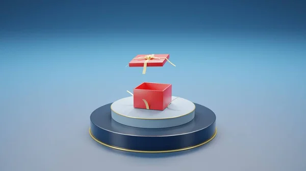Weihnachten Oder Neujahr Geschenk Box Offen Auf Dem Podium Winterferien — Stockfoto