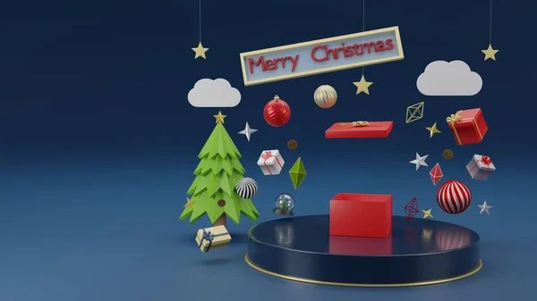 Різдвяна Подарункова Коробка Відкрита Подіумі Різдвяна Концепція Ілюстрація Рендеринга — стокове фото