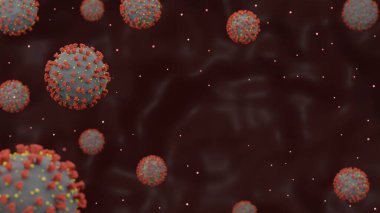 Coronavirus bakterisi COVID-19, yüzen grip virüsü hücrelerinin mikroskobik görüntüsü, 3D