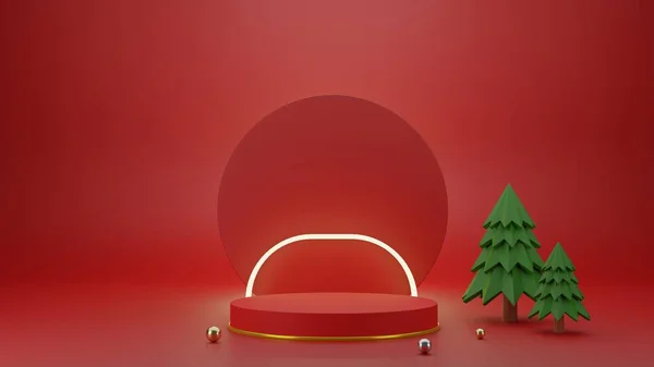 以圆形展台和发光框架为背景的空基座讲台展示 带有品牌横幅复制空间的抽象3D渲染 用于产品促销的展示 快乐的圣诞概念 — 图库照片