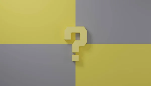 Illustration image of question marks symbol object on gray and yellow wall, concept of unknown problem 3D rendering
